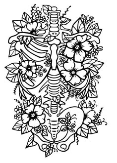 a black and white drawing of a human skeleton surrounded by flowers, leaves and hearts