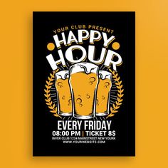 a poster for a happy hour event with two mugs of beer on the front