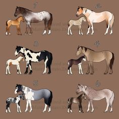 a group of horses standing next to each other on top of a brown flooring