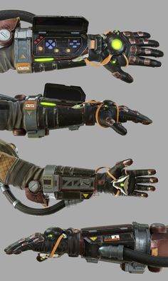 three different views of the same hand and glove from overwatch, including an electronic device