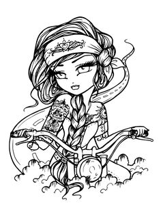 a girl on a bike with her hair in braids and bandana, riding through the clouds