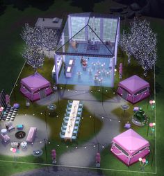 an aerial view of a party venue with purple tents and pink decorations on the lawn