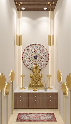 a golden buddha statue sitting on top of a white table