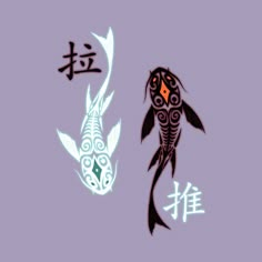 two fish that are next to each other on a blue background with chinese characters in the bottom right corner