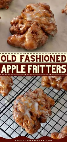 homemade apple fritters on a cooling rack with the words homemade apples fritters above them