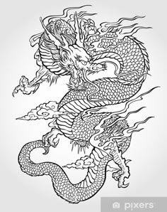 a black and white drawing of a dragon