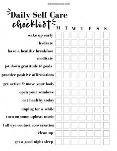 the daily self care checklist is shown in black and white