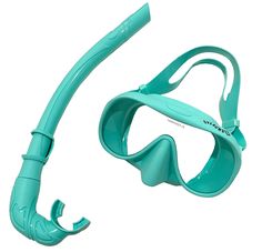 an aqua diving mask and snorkels on a white background