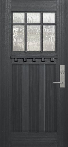 a black door with glass and metal handle