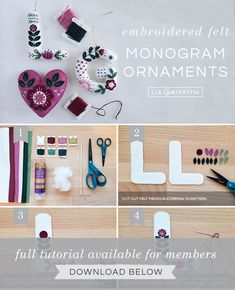 the instructions for making felt monogram ornaments are shown in three different pictures, including scissors and thread