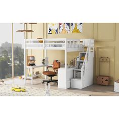 a white loft bed with stairs and desk in the corner next to a yellow toy car