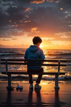 a person sitting on a bench watching the sun go down over the ocean at sunset