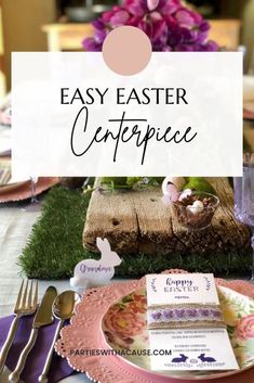 an easter table setting with pink and purple flowers