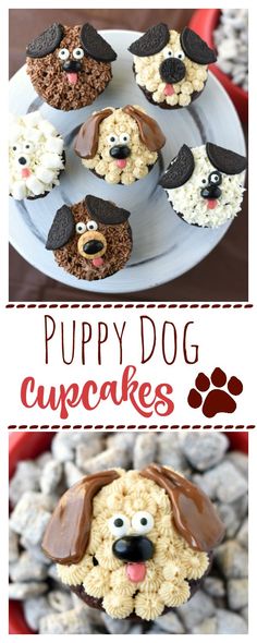 puppy cupcakes on a plate with chocolate and marshmallows in the background