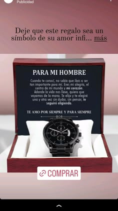 a black watch in a wooden box with the words'para mi hombree '