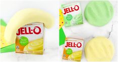 the ingredients to make jello are shown in three different pictures, including one green and yellow