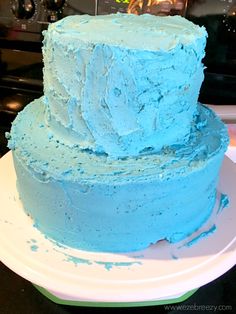 two tiered blue cake sitting on top of a white plate next to an oven