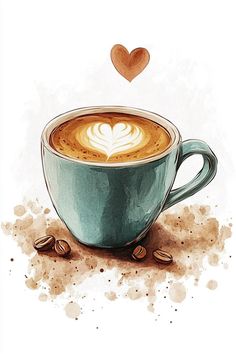 a painting of a cup of coffee with a heart on it's foamy top