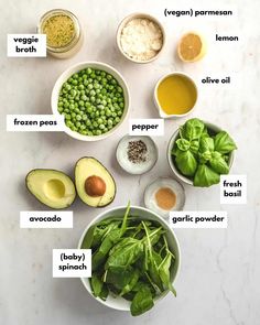 the ingredients to make an avocado salad are shown in bowls