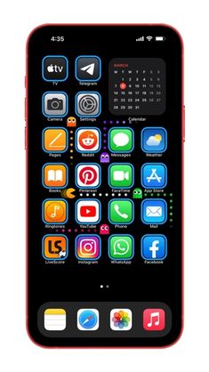 an iphone with icons on the screen is shown in red and blue colors, as well as