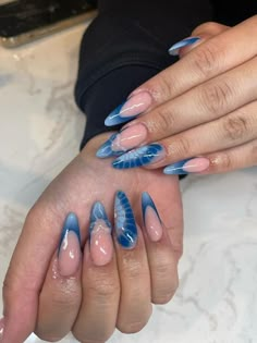 Blue Gel X Nails Almond, Nail Inspo Summer Blue, Acrylic Nail Blue, Blue Almond Nails Design, Almond Nails Blue, Blue Nails Almond, Blue Almond Nails, Nail Art Bleu, Acrylic Nails Almond Shape