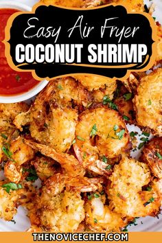 an easy air fryer coconut shrimp recipe on a white plate with ketchup