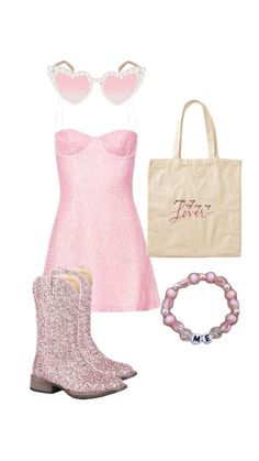 a woman in pink dress and boots next to a handbag, bracelets and sunglasses