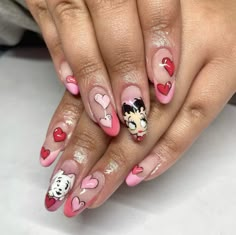 Hello Kitty Valentines Day Nails, Valentines Day Nails Cartoon, Valentines Nails Characters, Care Bear Valentine Nails, Y2k Valentines Nails, Unique Valentines Nails, Cherub Nail Art, Acrylic Nails Cartoon Art Designs, Betty Boop Nails