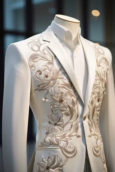 Lotus flower inspired suit Unique Wedding Suits, White And Gold Suit, Prom Suits For Men Unique, Imperial Clothing, Rosé Suit, Mens White Suit, White Wedding Suit, Nigerian Outfits, Prom Suit