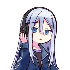 an anime character with long white hair and blue eyes holding a phone to her ear