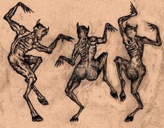 three drawings of people dancing with their hands in the air