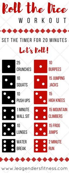 a red and black poster with instructions to roll the dice for work out, set the timer for 20 minutes it's real