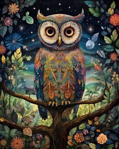 an owl sitting on top of a tree branch under a night sky filled with stars