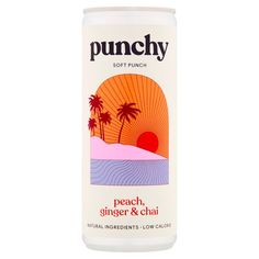 a can of punchy peach, ginger and chai drink on a white background