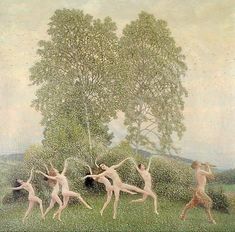 an image of a group of people dancing in the grass with trees and bushes behind them