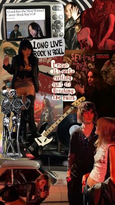 a collage of rock and roll images with people in the background, including a guitar