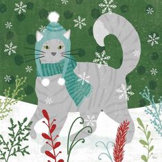 Purrfect Holiday V by Veronique Charron-VARPDX67157 Image 1 Framed Christmas Art, Boston Ideas, Christmas Cat Art, Portrait Quilts, Christmas Macrame, Kitty Christmas, Cat Frame, Wood Disc, Christmas Illustration