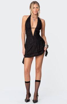 Halter Neck Dress Short With Boots, Samara Mini Dress, Concert Mini Dress, 21st Bday Outfit Ideas, Deftones Concert, Y2k Mini Dress, Black Cutout Dress, Coachella Dress, Backless Mini Dress