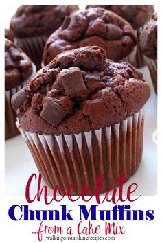 chocolate chunk muffins from a cake mix on a white plate with text overlay