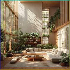 a living room filled with furniture and lots of plants on the windows sills