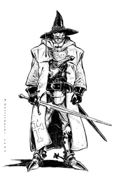 a black and white drawing of a man dressed as a wizard with two swords in his hand