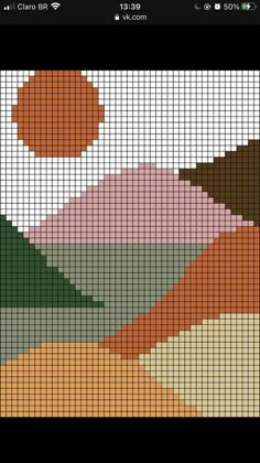 a cross stitch pattern with mountains and clouds in the background, as well as an image of