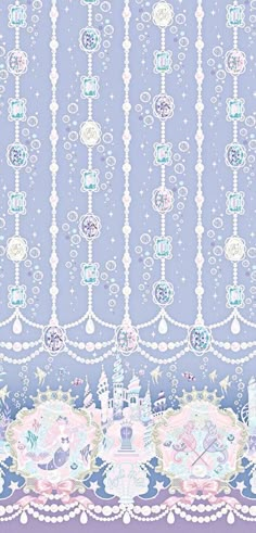 a blue and pink wallpaper with an ornate design on the bottom, along with white trimmings