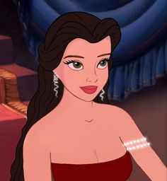 an animated image of a woman in a red dress with long hair and green eyes