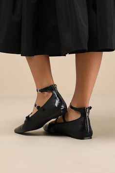 From jeans to slacks, the Lulus Paysen Black Snake-Embossed Ankle Strap Ballet Flats will elevate any 'fit, any day of the week! These snake-embossed, faux leather flats feature a classic pointed-toe upper with a low-cut collar and two, slender adjustable vamp straps that secure with shiny silver buckles. A matching ankle strap sprouts from the heel, while an exposed gunmetal zipper at the back allows for easy on-and-off. Available in whole sizes only. 0. 25" rubber heel. Cushioned insole. Rubber sole has nonskid markings. Man Made Materials. Imported. Lulus | Paysen Black Snake-Embossed Ankle Strap Ballet Flats | Size 10. Black Slip-on Ballet Flats With Closed Toe, Black Leather Slip-on Ballet Flats, Black Slip-on Synthetic Ballet Flats, Black Slip-on Ballet Flats With Branded Insole, Black Slip-on Ballet Flats With Textured Sole, Leather Flats, Rubber Heels, Shiny Silver, Low Cut