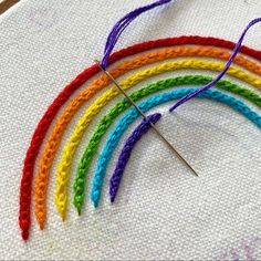 a close up of a rainbow colored thread on a white piece of cloth with scissors