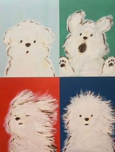 four paintings of dogs with different colors and sizes