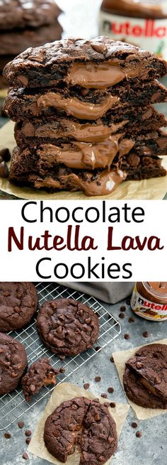 chocolate nutella lava cookies are stacked on top of each other with the words, chocolate nutella lava cookies