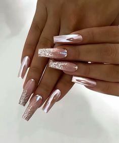 Milky Base Nails Design, Glitter Drip Nails, Fancy Wedding Nails, Diamond Nail Designs Rhinestones, Champagne Colored Nails, Nude And Rose Gold Nails, Spring Pedicure Colors, Bougie Nails, Bright Gel Nails