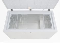 an overhead view of the inside of a freezer with its doors open and lights on